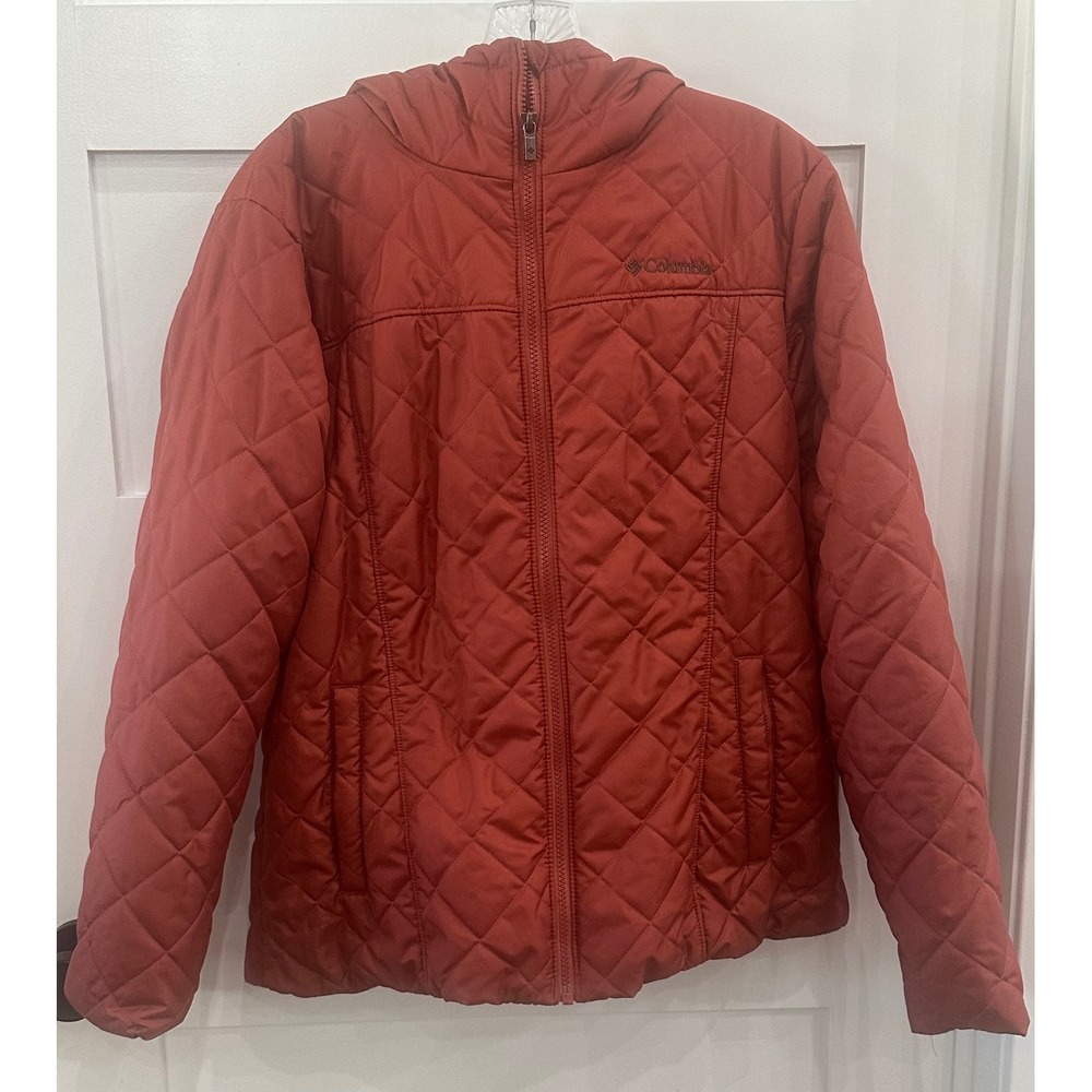 Columbia Women Rust Orange Quilted Hooded Jacket Fleece Lined Puffer Large